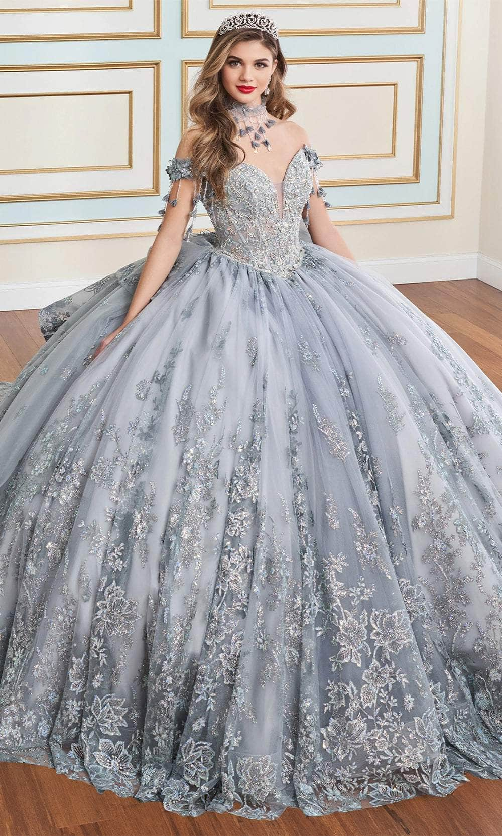 Princesa by Ariana Vara PR30172 - Off-Shoulder Floral Embellished Ball Gown Quinceanera Dresses / 00  Slate