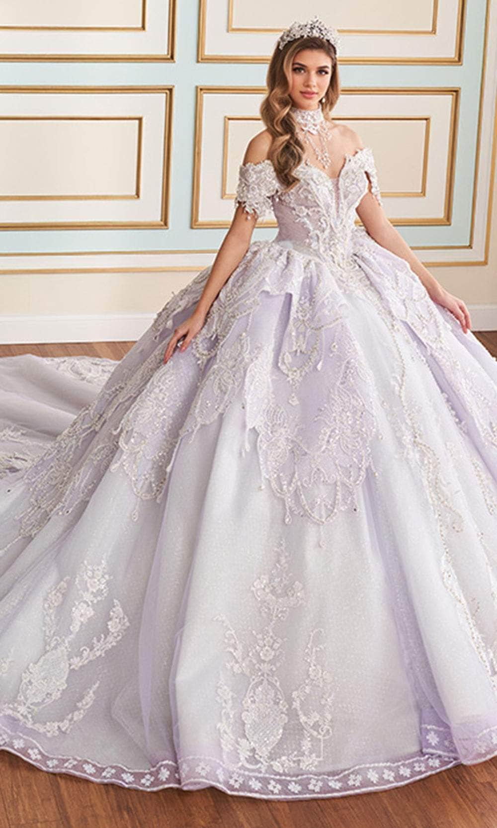 Princesa by Ariana Vara PR70101 - Off-Shoulder Glitter Tulle Ball Gown Quinceanera Dresses / 00  Frosted Lavender