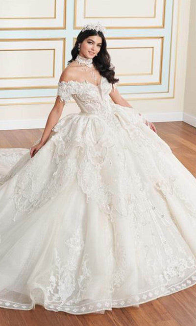 Princesa by Ariana Vara PR70101 - Off-Shoulder Glitter Tulle Ball Gown Quinceanera Dresses / 00  Iv/Champ