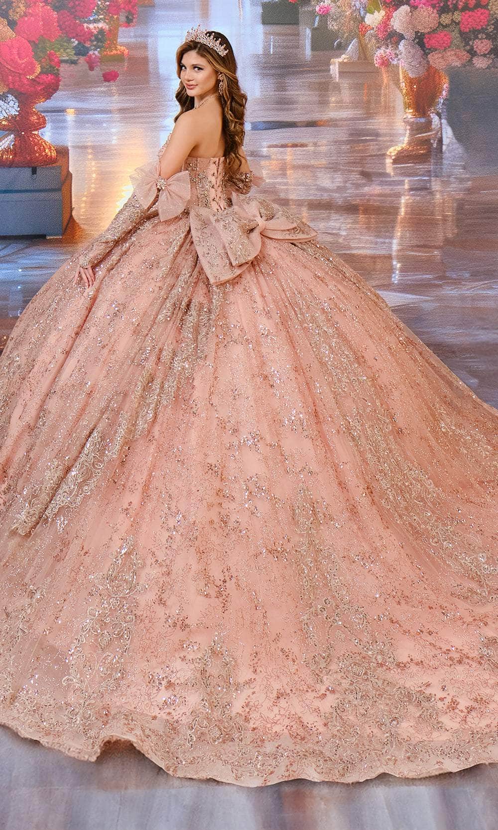 Princesa by Ariana Vara PR70104 - V-Neck Glitter Ballgown with Bow Accents Quinceanera Dresses