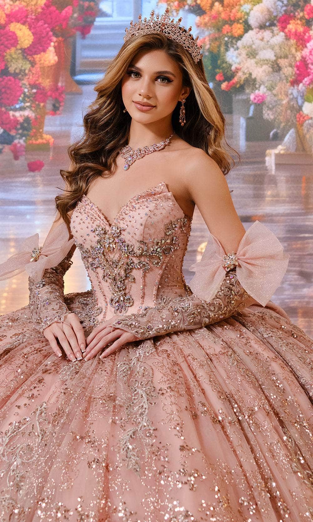 Princesa by Ariana Vara PR70104 - V-Neck Glitter Ballgown with Bow Accents Quinceanera Dresses