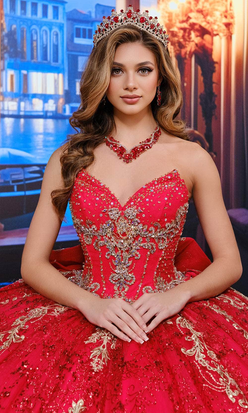 Princesa by Ariana Vara PR70104 - V-Neck Glitter Ballgown with Bow Accents Quinceanera Dresses