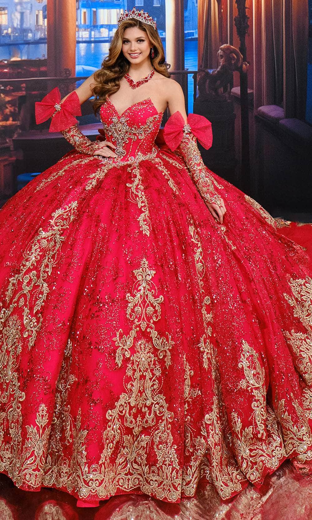 Princesa by Ariana Vara PR70104 - V-Neck Glitter Ballgown with Bow Accents Quinceanera Dresses