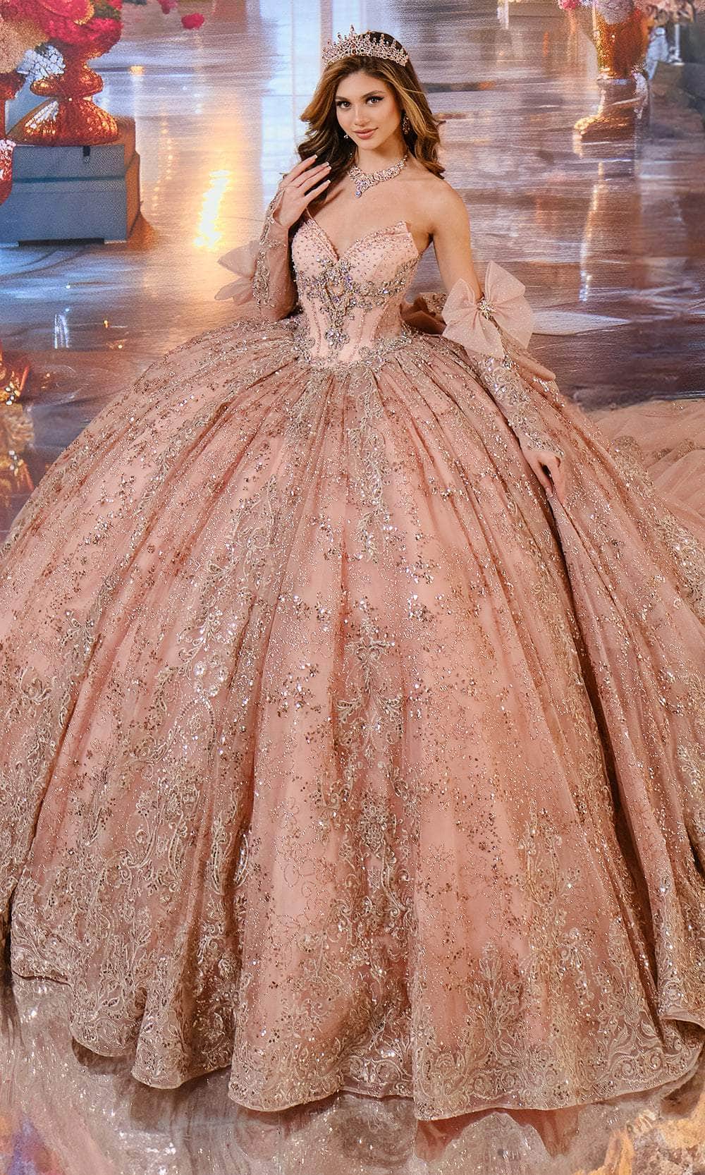 Princesa by Ariana Vara PR70104 - V-Neck Glitter Ballgown with Bow Accents Quinceanera Dresses