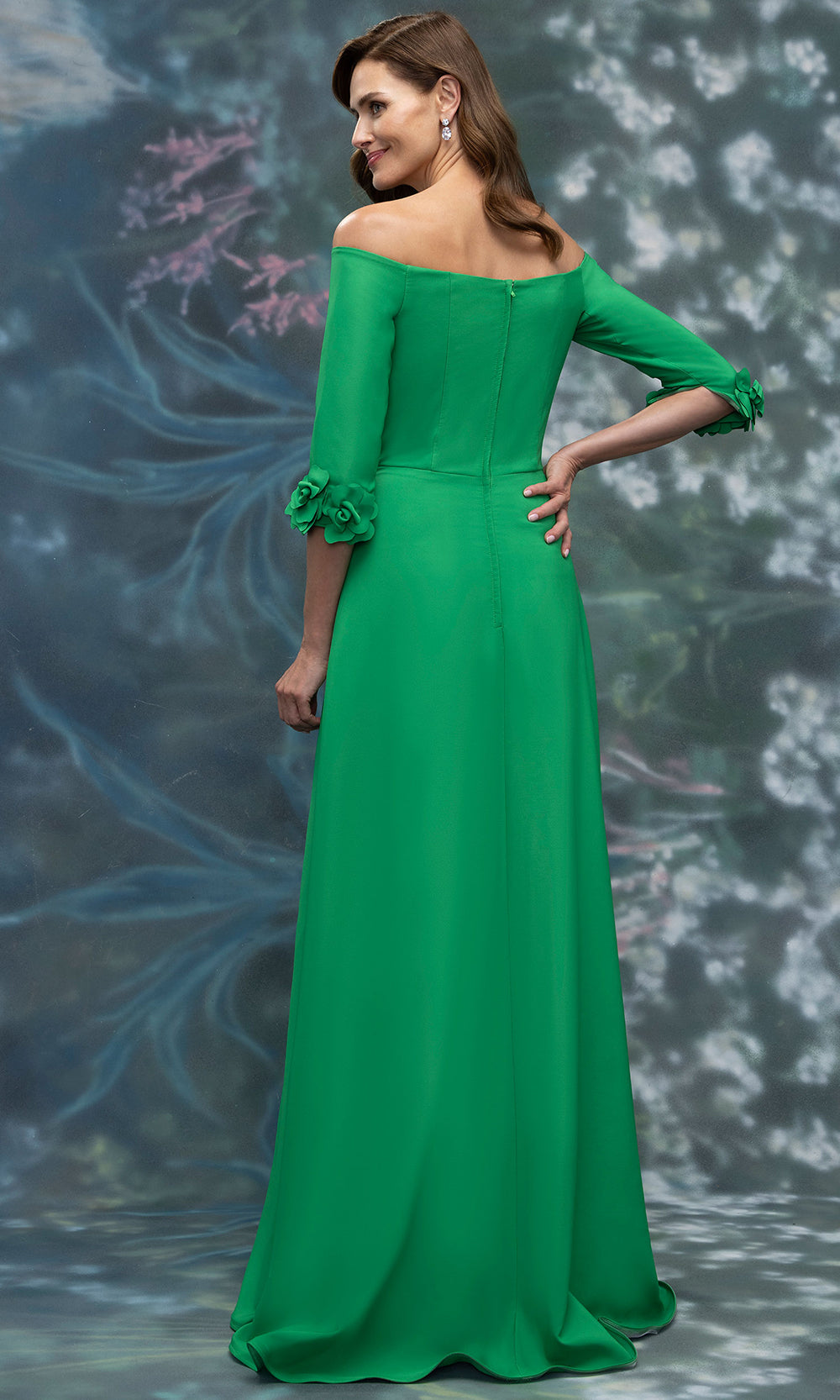 MGNY By Mori Lee 2070002 - Floral Accent Three-Quarter Sleeve Crepe Gown Mother of the Bride Dresses in Kelly Green