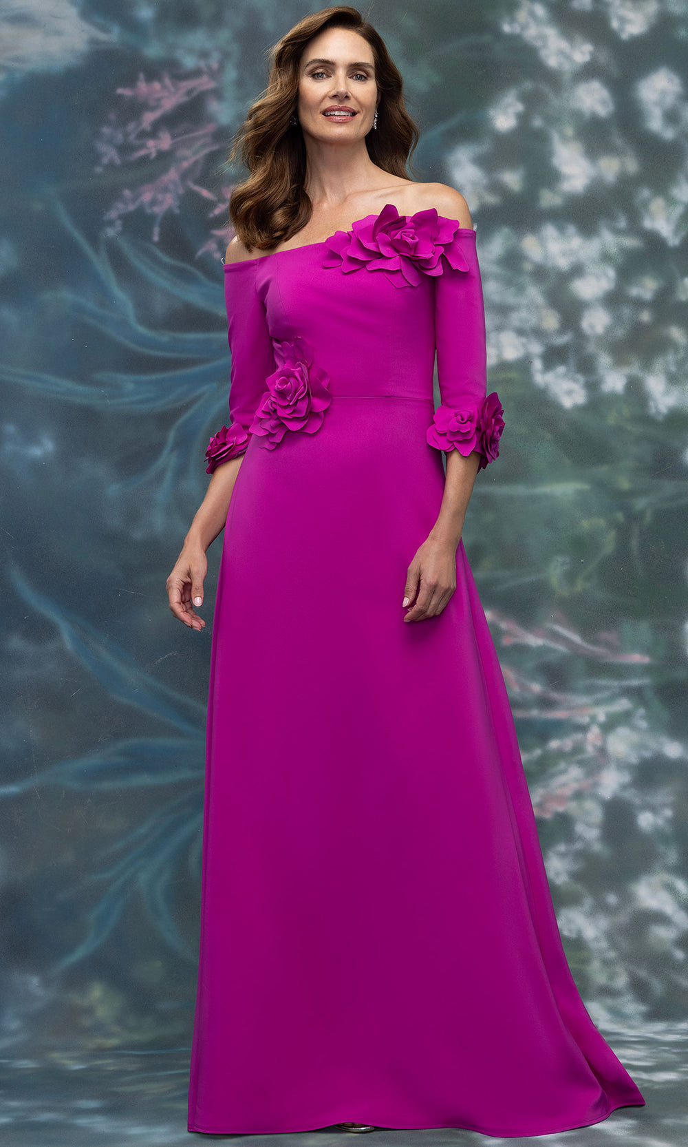 MGNY By Mori Lee 2070002 - Floral Accent Three-Quarter Sleeve Crepe Gown Mother of the Bride Dresses in Magenta
