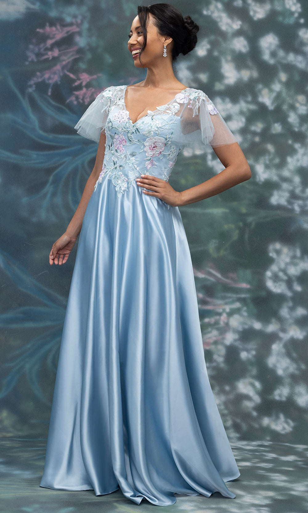 MGNY By Mori Lee 2070006 - A-Line Floral Embroidered Satin Gown Mother of the Bride Dresses in Power Blue
