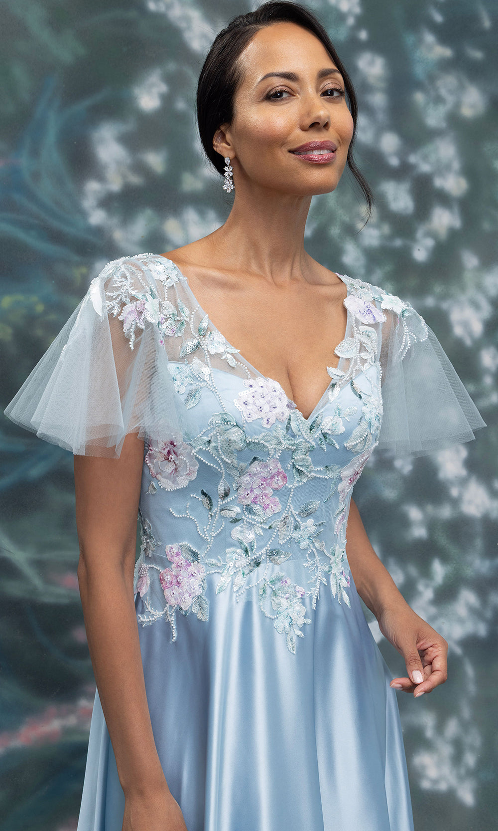 MGNY By Mori Lee 2070006 - A-Line Floral Embroidered Satin Gown Mother of the Bride Dresses in Power Blue