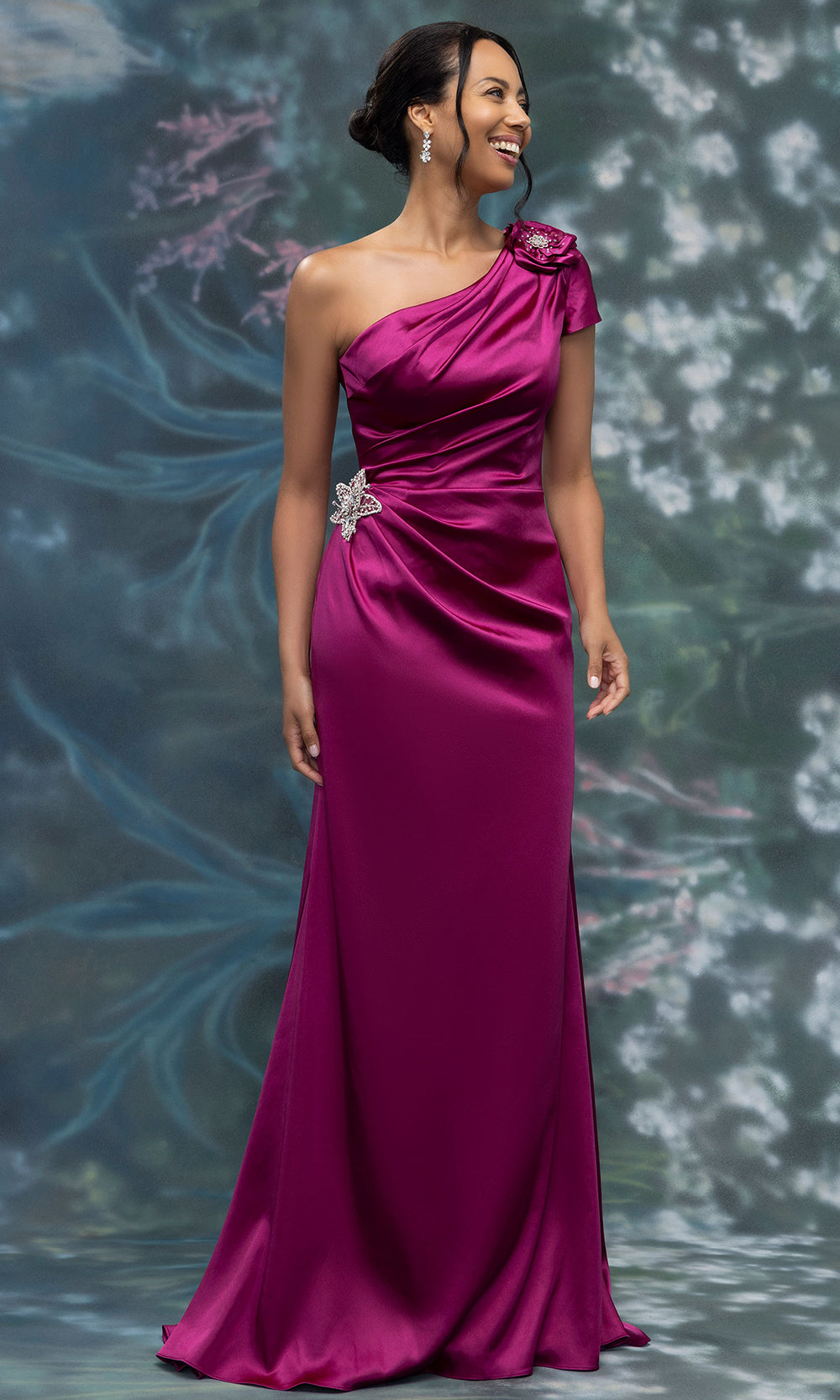 MGNY By Mori Lee 2070014 - One Shoulder Formal Gown with Crystal Brooch Mother of the Bride Dresses in Magenta