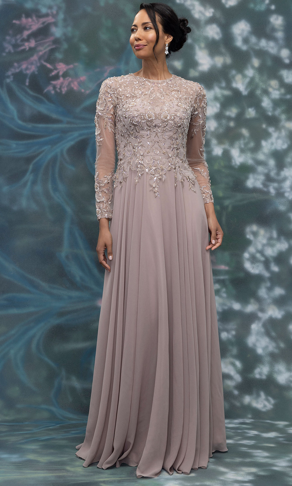 MGNY By Mori Lee 2070015 - Long Sleeve Lace Applique Chiffon Gown Mother of the Bride Dresses in Desert Rose