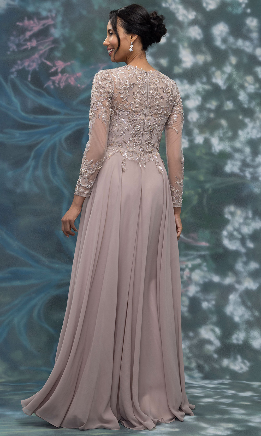 MGNY By Mori Lee 2070015 - Long Sleeve Lace Applique Chiffon Gown Mother of the Bride Dresses in Desert Rose
