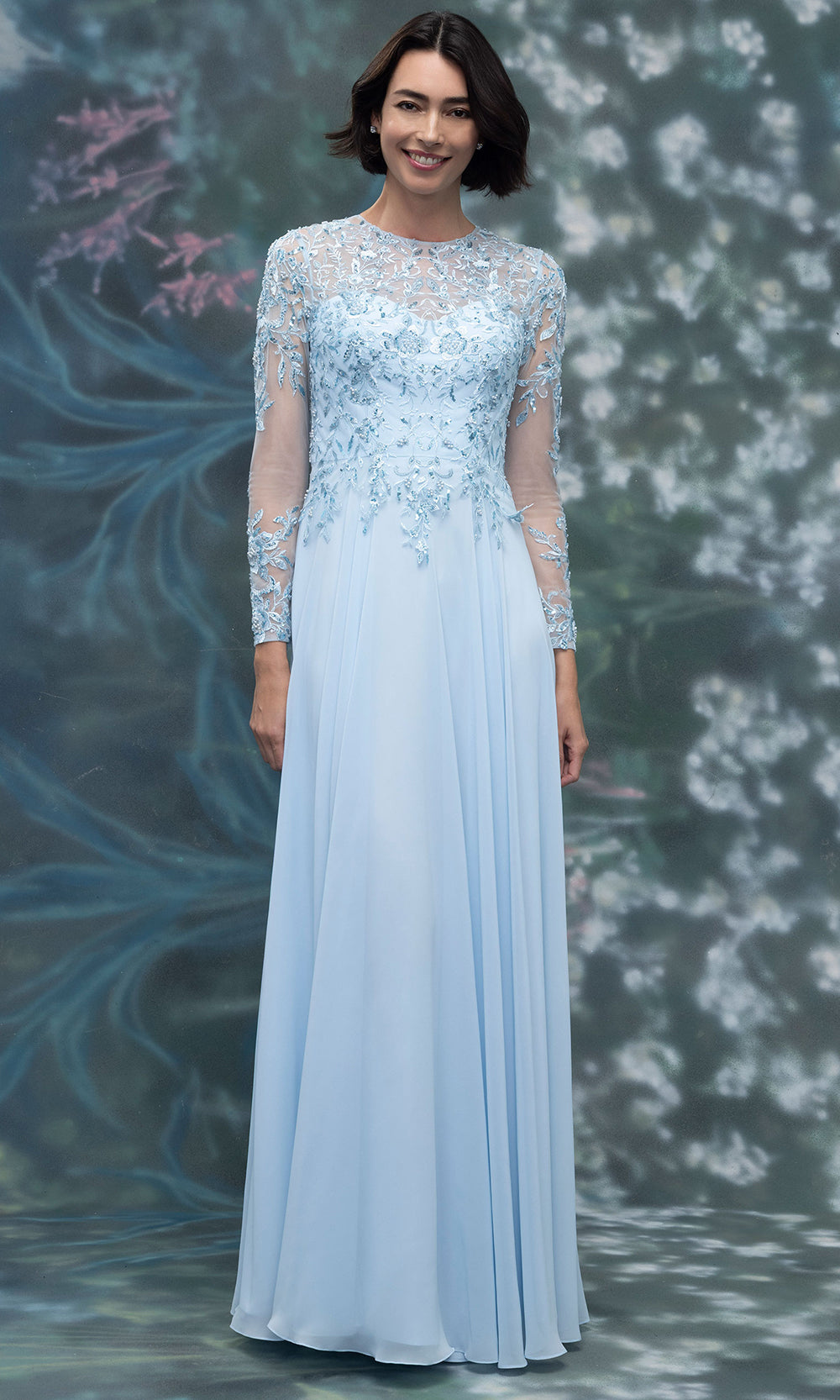 MGNY By Mori Lee 2070015 - Long Sleeve Lace Applique Chiffon Gown Mother of the Bride Dresses in Sky Blue