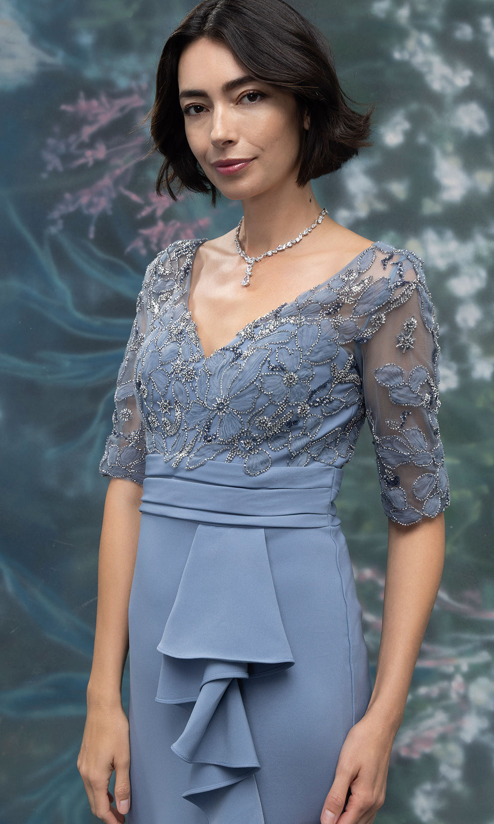 MGNY By Mori Lee 2070020 - V-Neck Crepe Formal Gown with Ruffle Detail Mother of the Bride Dresses