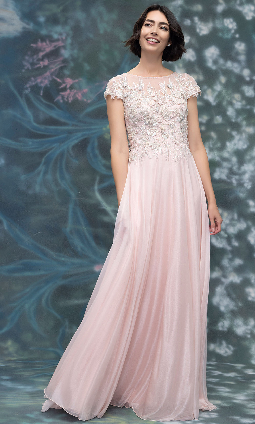 MGNY By Mori Lee 2070022 - Cap Sleeve Chiffon Formal Gown with 3D Floral Mother of the Bride Dresses in Blush