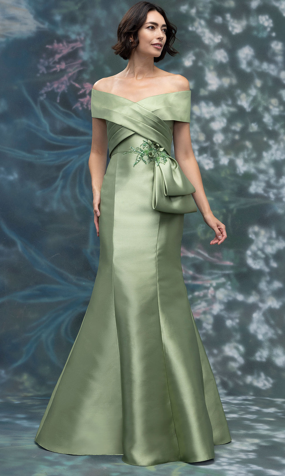 MGNY By Mori Lee 2070031 - Crystal Accented Off Shoulder Mikado Gown Mother of the Bride Dresses in Moss