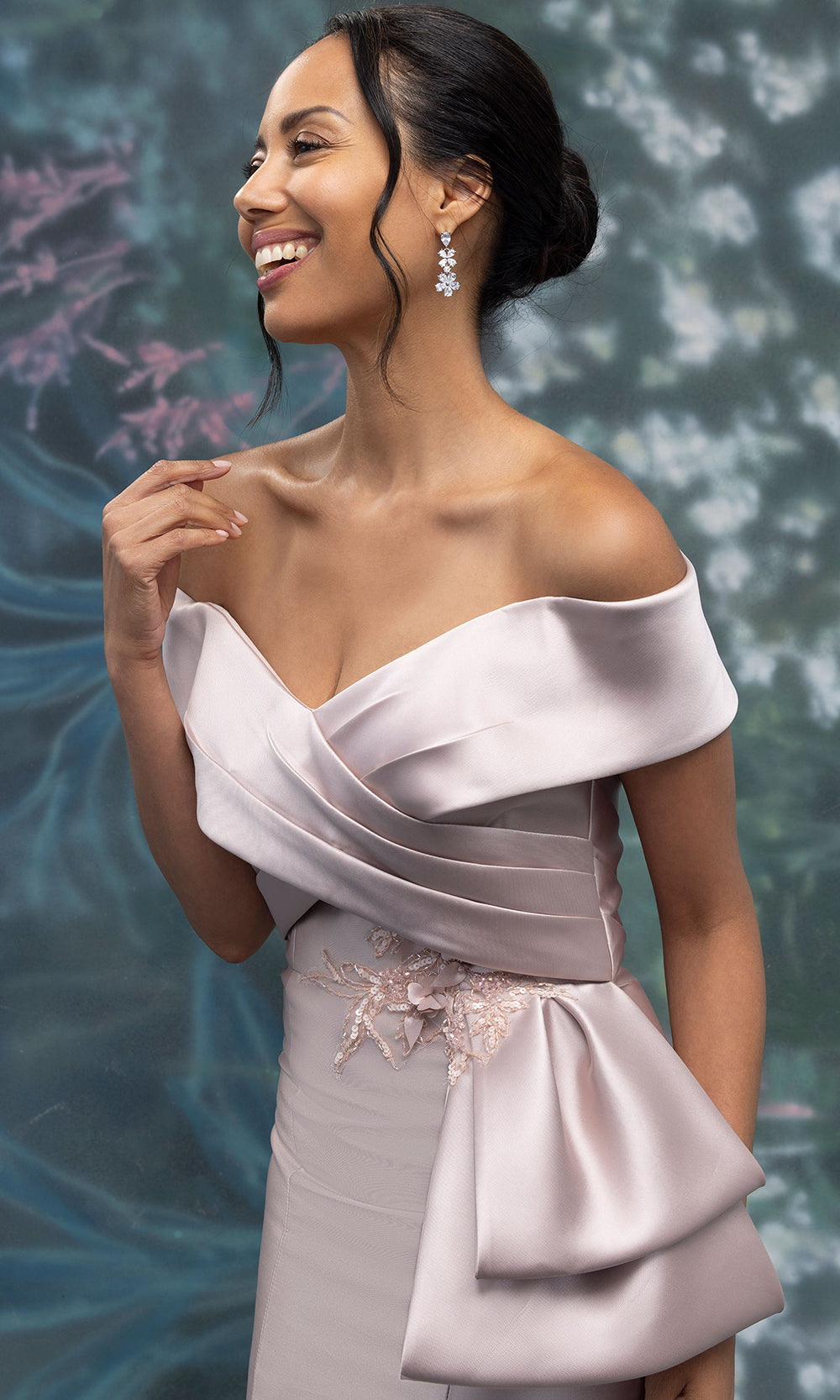 MGNY By Mori Lee 2070031 - Crystal Accented Off Shoulder Mikado Gown Mother of the Bride Dresses in Blush