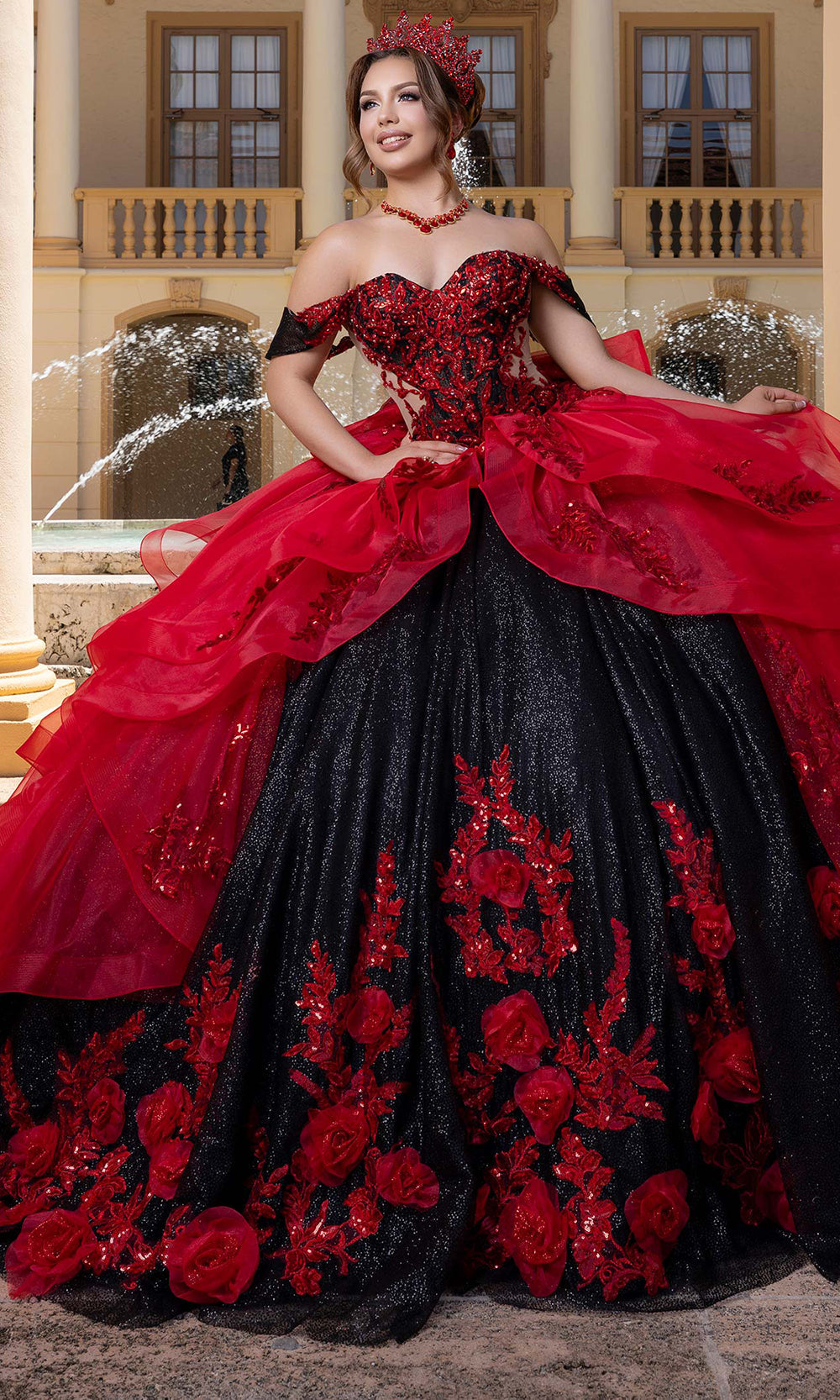 Vizcaya by Mori Lee 4080000 - Strapless Fitted Mini with Ruffle Overskirt Quinceanera Dresses in Black Rose Red