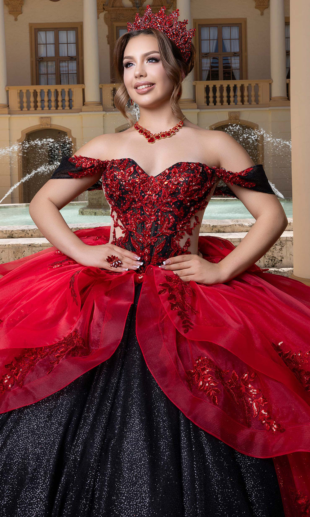 Vizcaya by Mori Lee 4080000 - Strapless Fitted Mini with Ruffle Overskirt Quinceanera Dresses in Black Rose Red