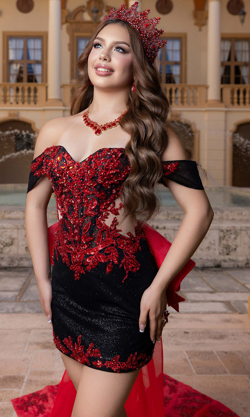 Vizcaya by Mori Lee 4080000 - Strapless Fitted Mini with Ruffle Overskirt Quinceanera Dresses in Black Rose Red