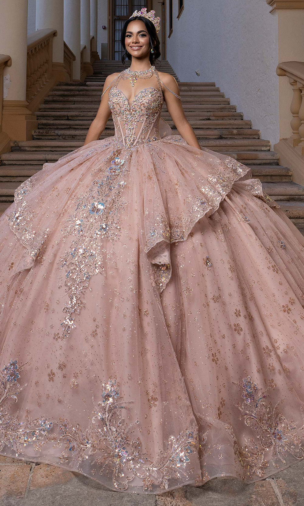Vizcaya by Mori Lee 4080002 - Strapless Lace Applique Tulle Ballgown Prom Dresses in Rose Gold