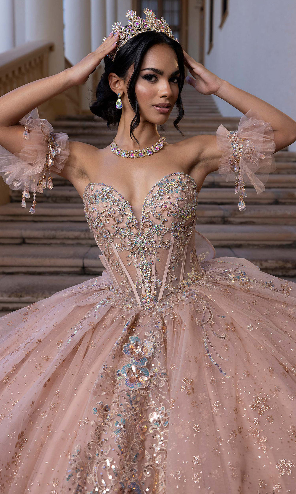 Vizcaya by Mori Lee 4080002 - Strapless Lace Applique Tulle Ballgown Prom Dresses in Rose Gold