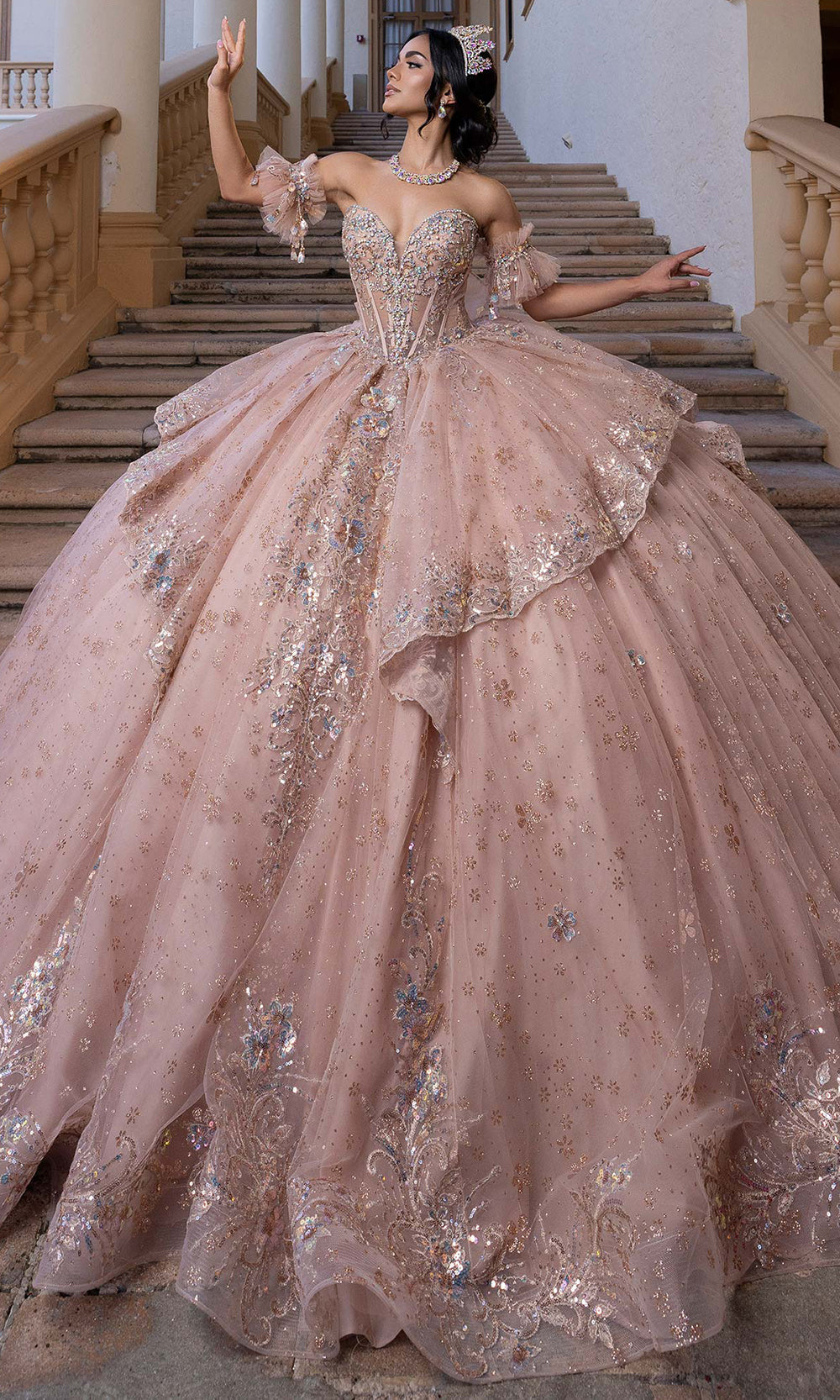 Vizcaya by Mori Lee 4080002 - Strapless Lace Applique Tulle Ballgown Prom Dresses in Rose Gold