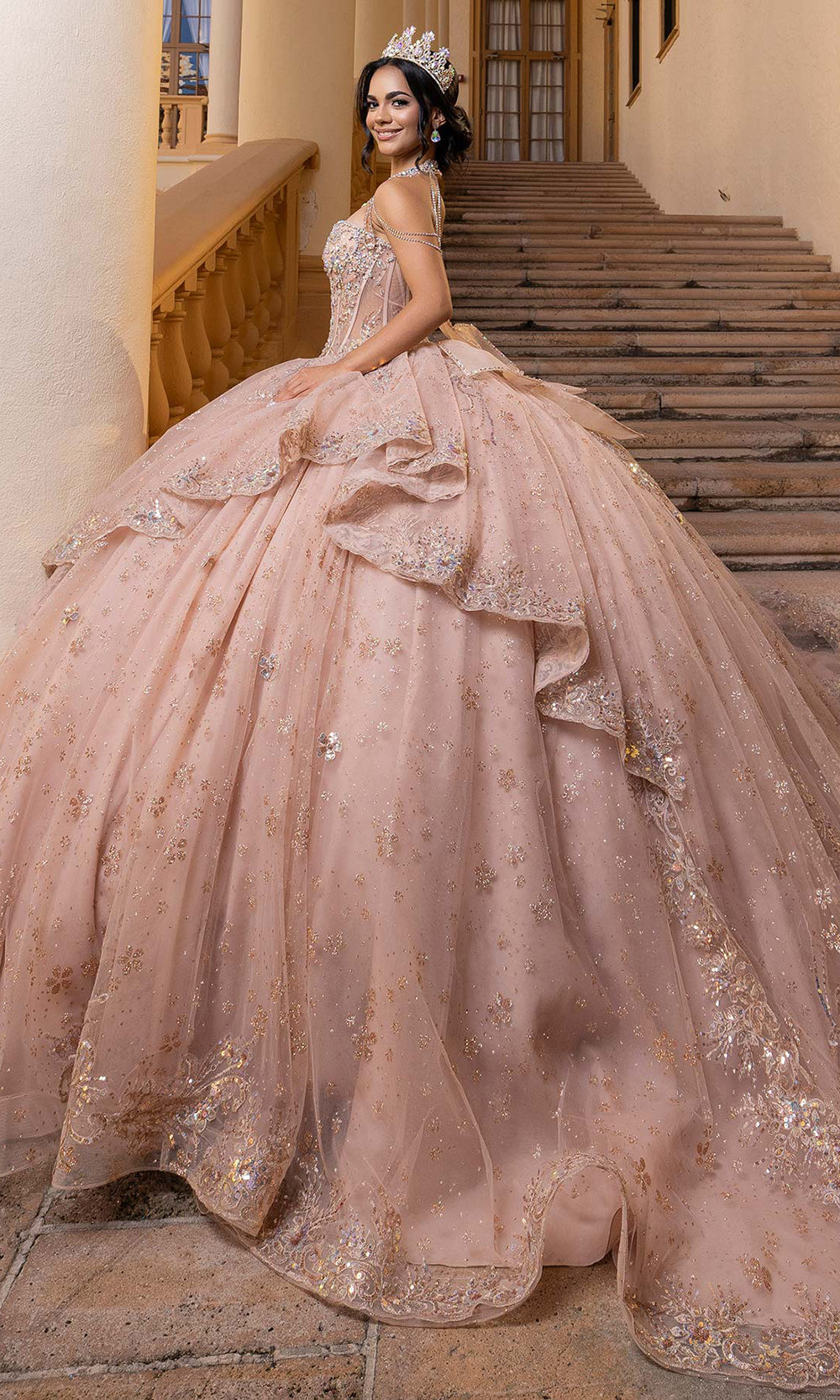 Vizcaya by Mori Lee 4080002 - Strapless Lace Applique Tulle Ballgown Prom Dresses in Rose Gold