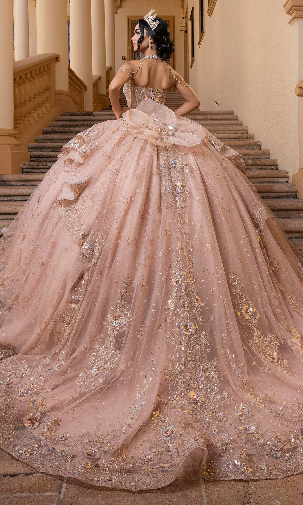 Vizcaya by Mori Lee 4080002 - Strapless Lace Applique Tulle Ballgown Prom Dresses in Rose Gold