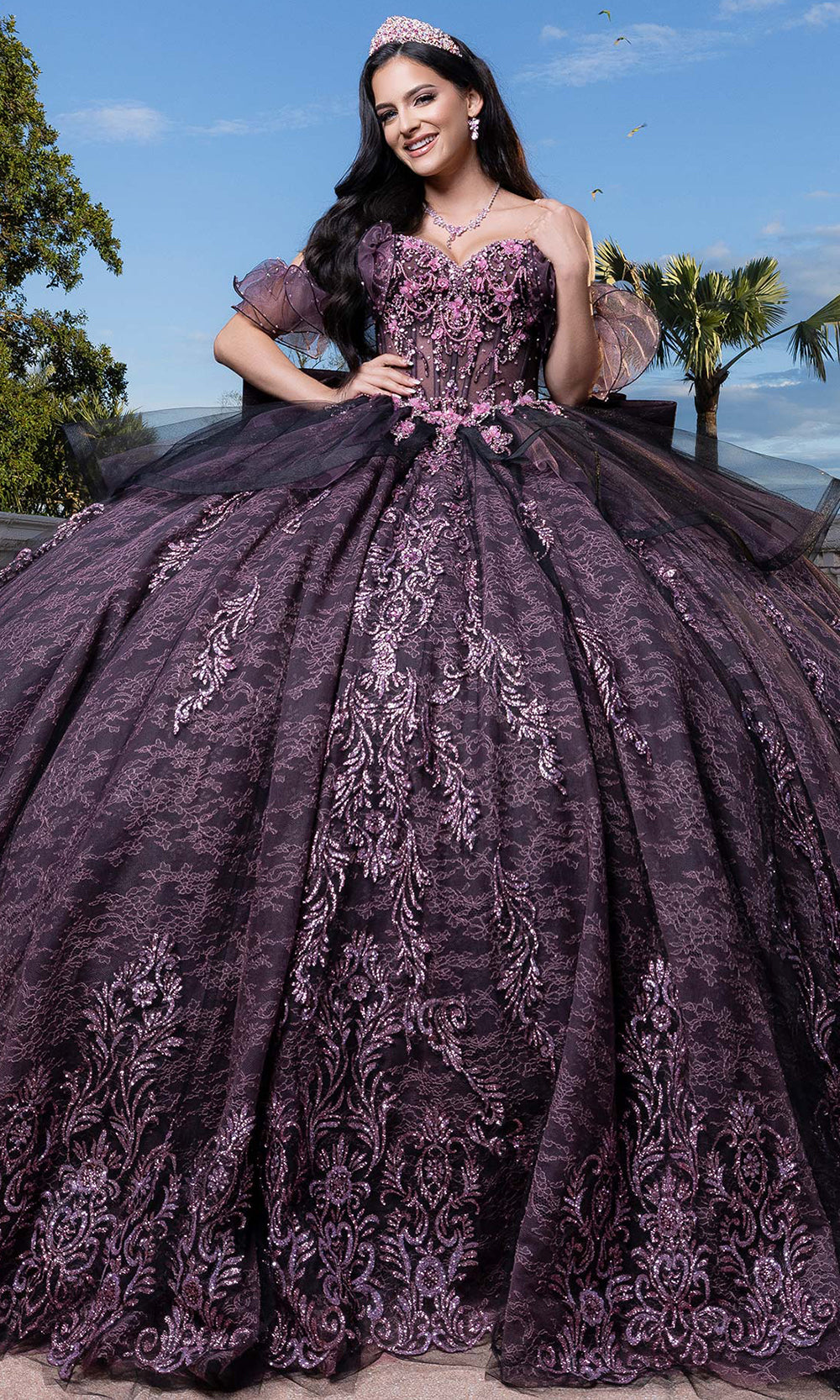 purple and black quince dresses Vizcaya by Mori Lee 4080005 - Long Tulle, Lace Ballgown Dress