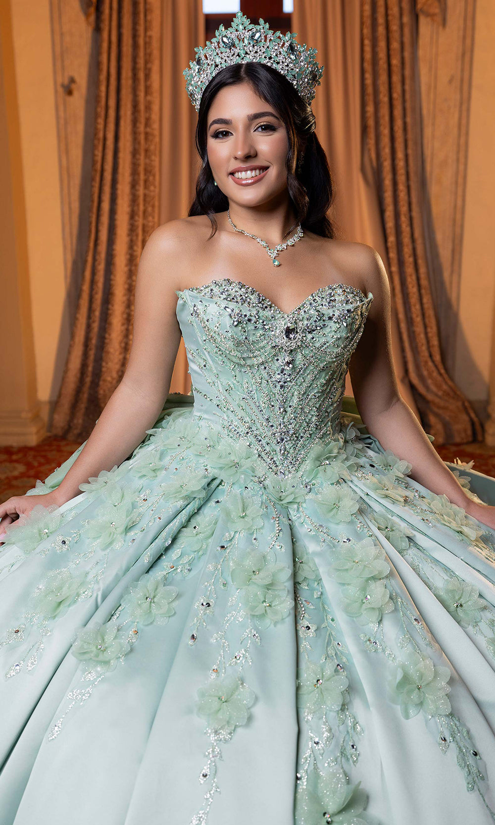 Vizcaya by Mori Lee 4080006 - Oversized Bow Floral Applique Quince Gown Quinceanera Dresses in Sage