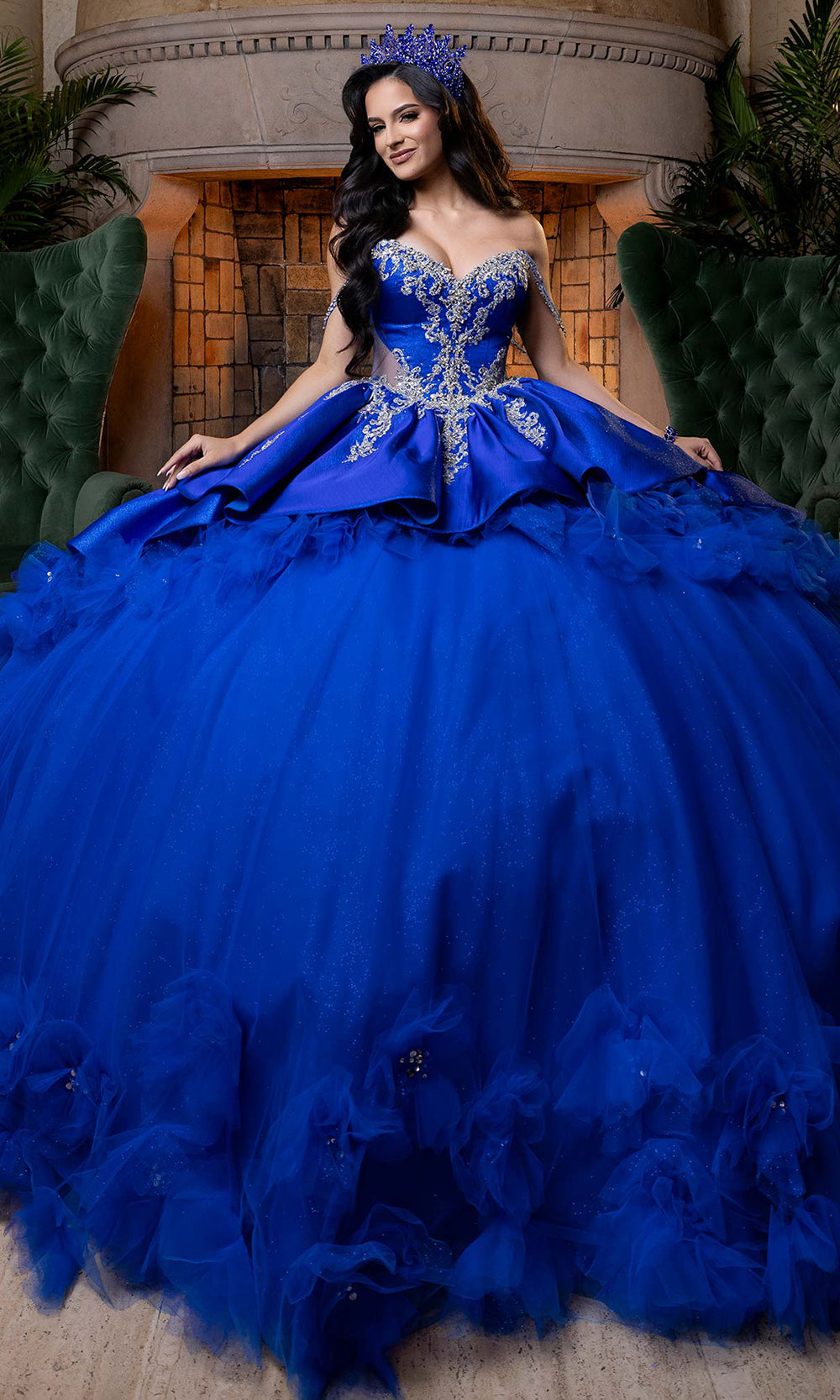 Vizcaya by Mori Lee 4080007 - Floral Accent Chandelier Strap Tulle Gown Quinceanera Dresses in Regal Royal Silver