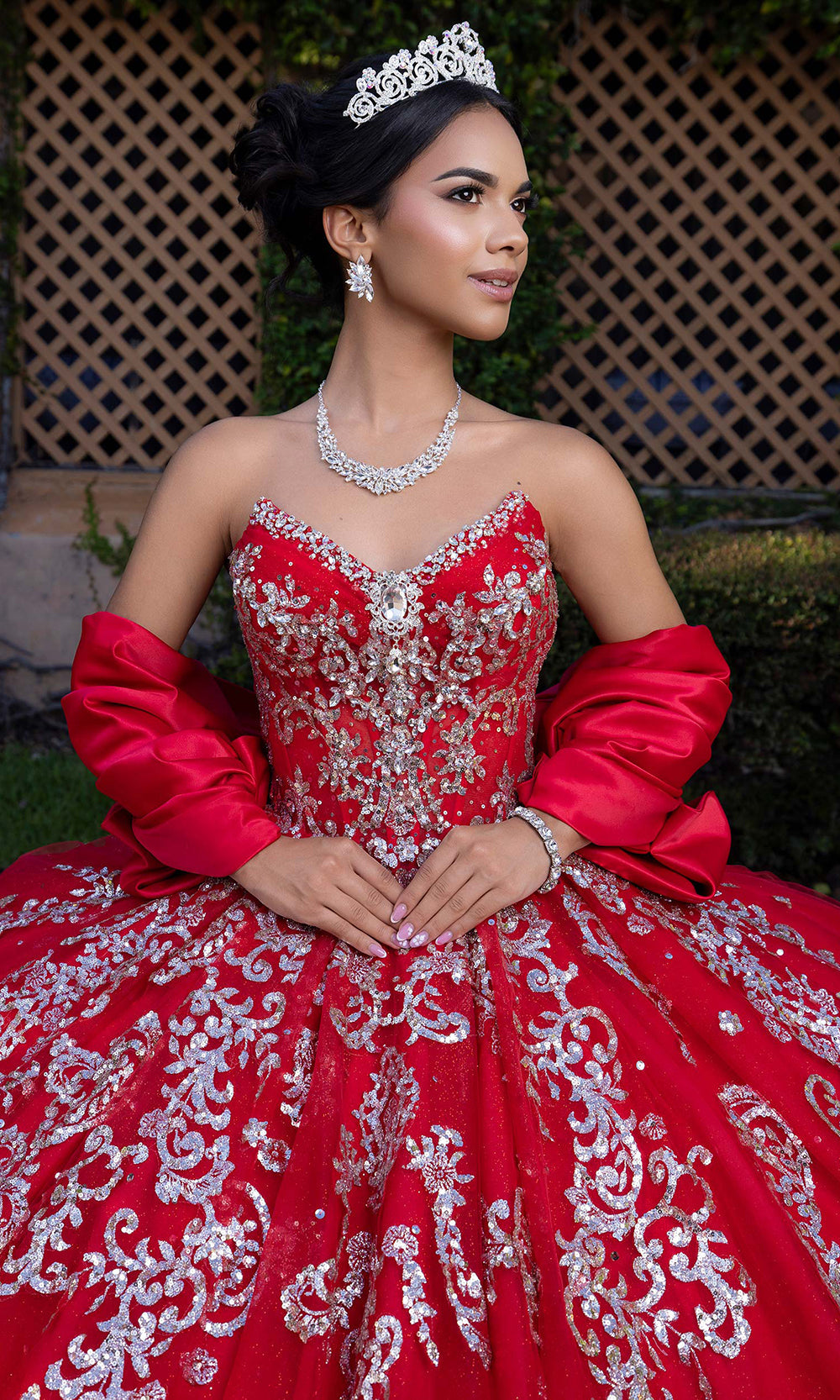red and silver quinceanera dresses Marys Bridal MQ3075 Sheer Cape Floral Appliques Quinceanera Dress