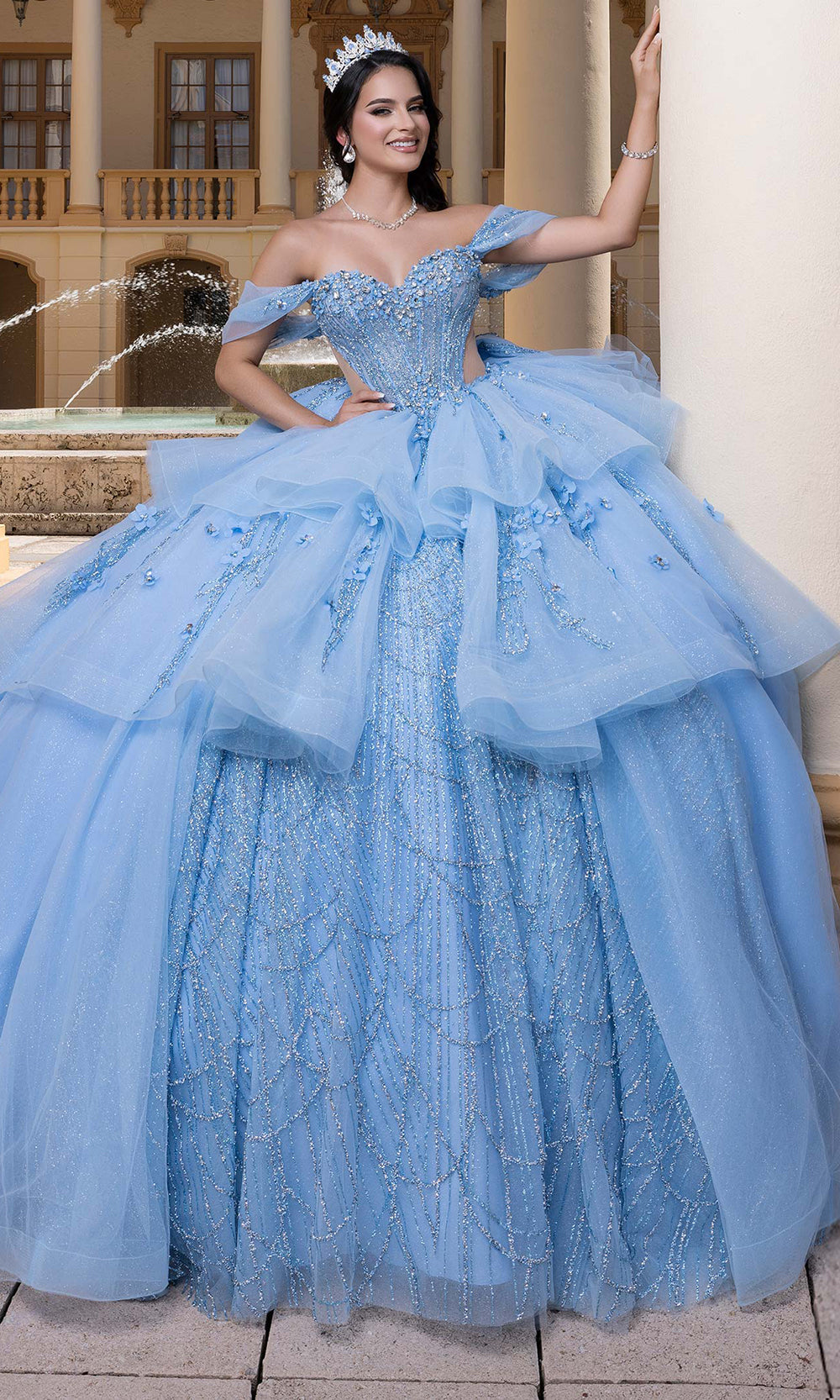 Vizcaya by Mori Lee 4080010 - Tiered Peplum Sweetheart Floral Gown Quinceanera Dresses in Bahama Blue