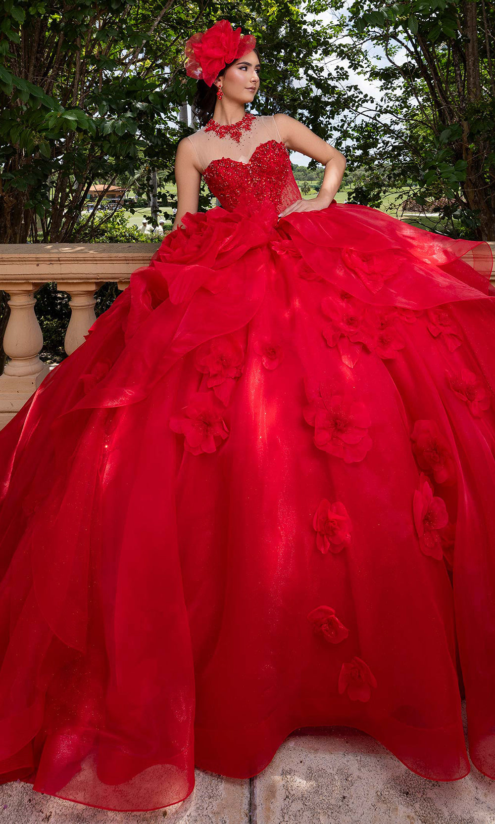 Vizcaya by Mori Lee 4080012 - Lace-Up Back Floral Embellished Quince Gown Quinceanera Dresses in Red