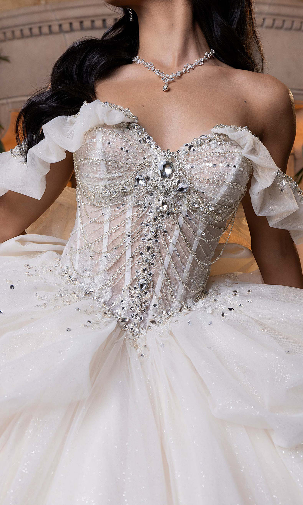 Vizcaya by Mori Lee 4080014 - Beaded Corset Tiered Voluminous Gown Quinceanera Dresses in Ivory Champagne