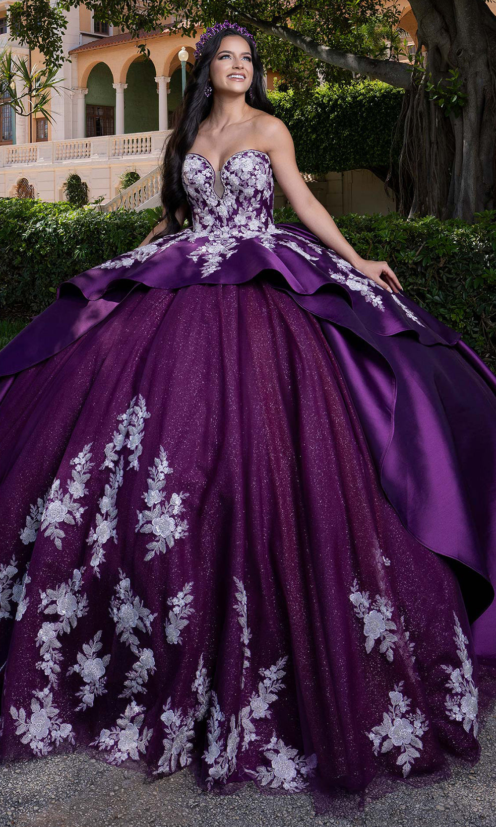 Vizcaya by Mori Lee 4080016 - Embroidered Floral Plunging Sweetheart Gown Quinceanera Dresses in Purple White Silver