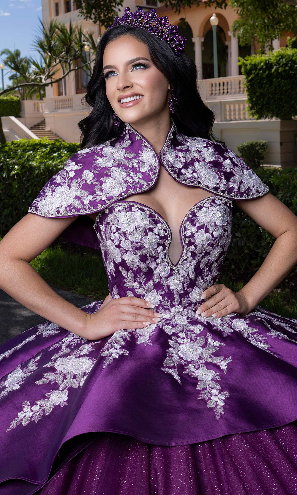 Vizcaya by Mori Lee 4080016 - Embroidered Floral Plunging Sweetheart Gown Quinceanera Dresses in Purple White Silver