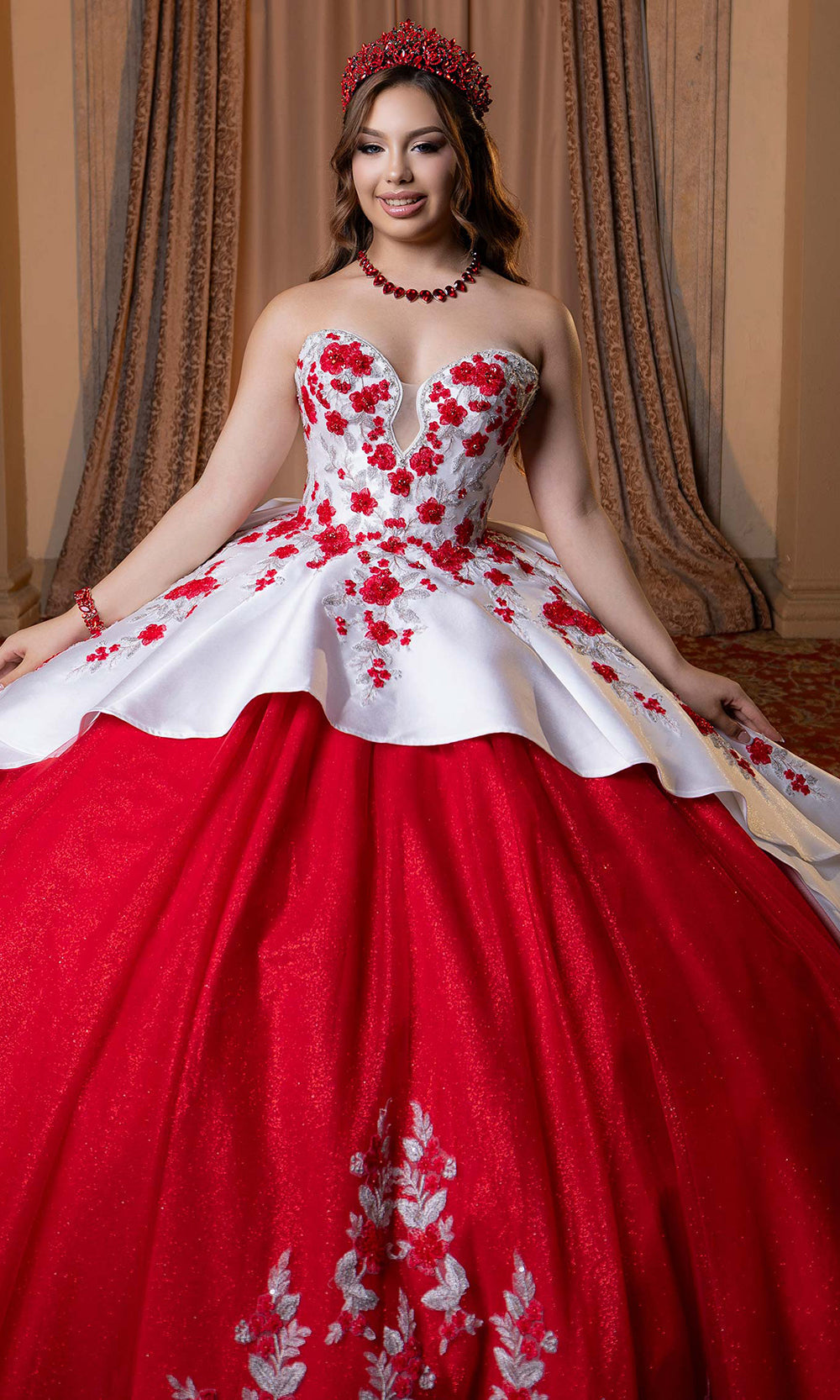 Vizcaya by Mori Lee 4080016 - Embroidered Floral Plunging Sweetheart Gown Quinceanera Dresses in White Red Silver