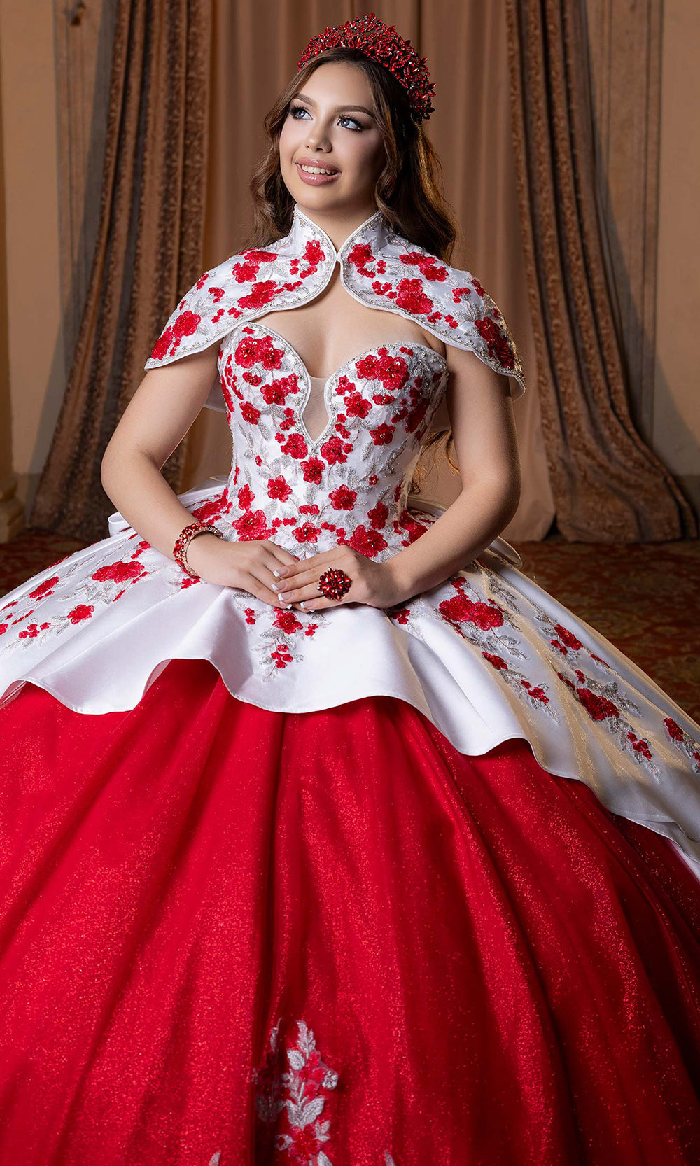 Vizcaya by Mori Lee 4080016 - Embroidered Floral Plunging Sweetheart Gown Quinceanera Dresses in White Red Silver