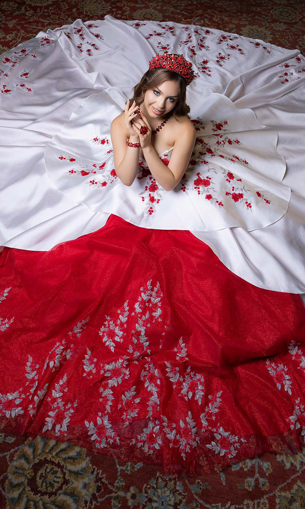 Vizcaya by Mori Lee 4080016 - Embroidered Floral Plunging Sweetheart Gown Quinceanera Dresses in White Red Silver