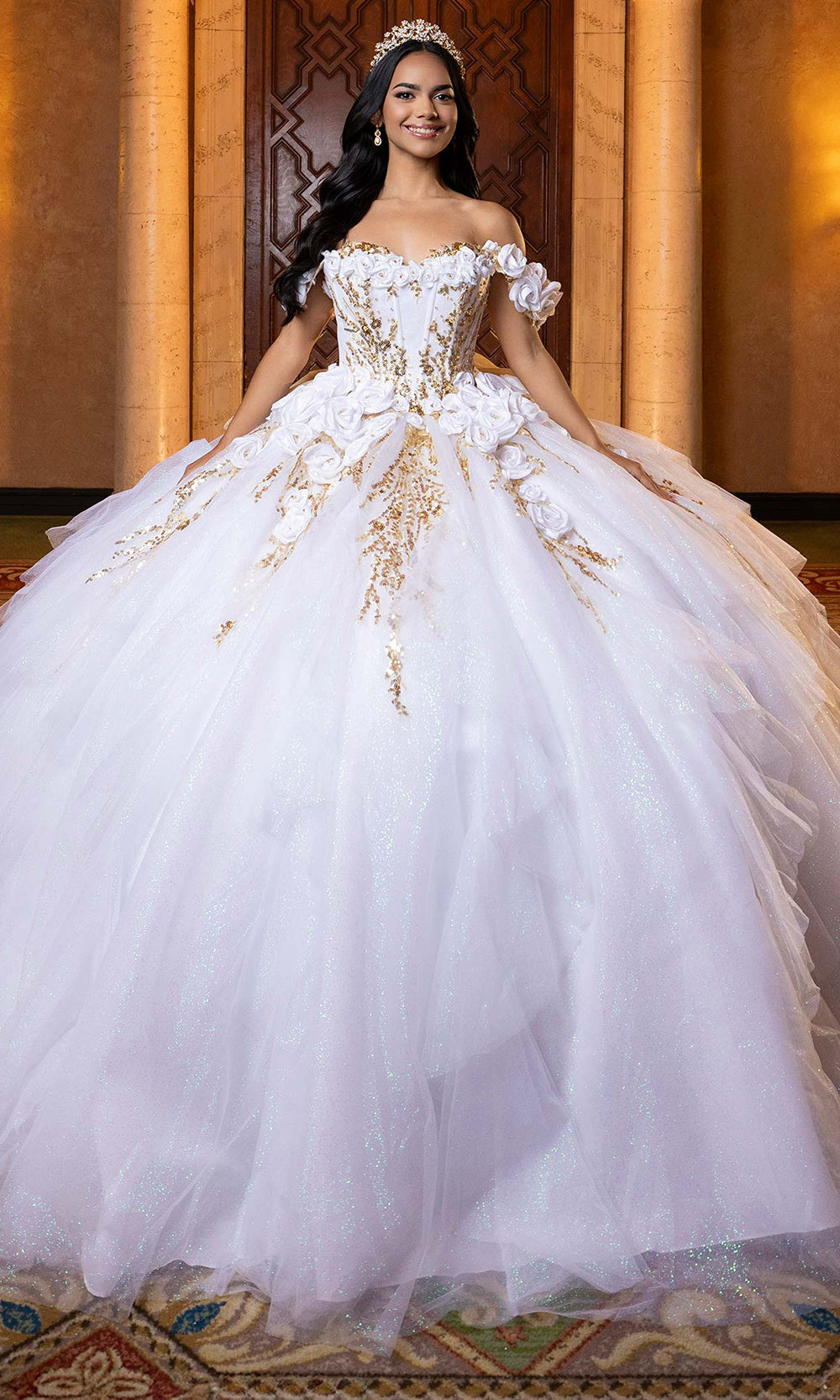 Vizcaya by Mori Lee 4080020 - Sweetheart Neck 3D Floral Accent Ballgown Quinceanera Dresses in White Gold