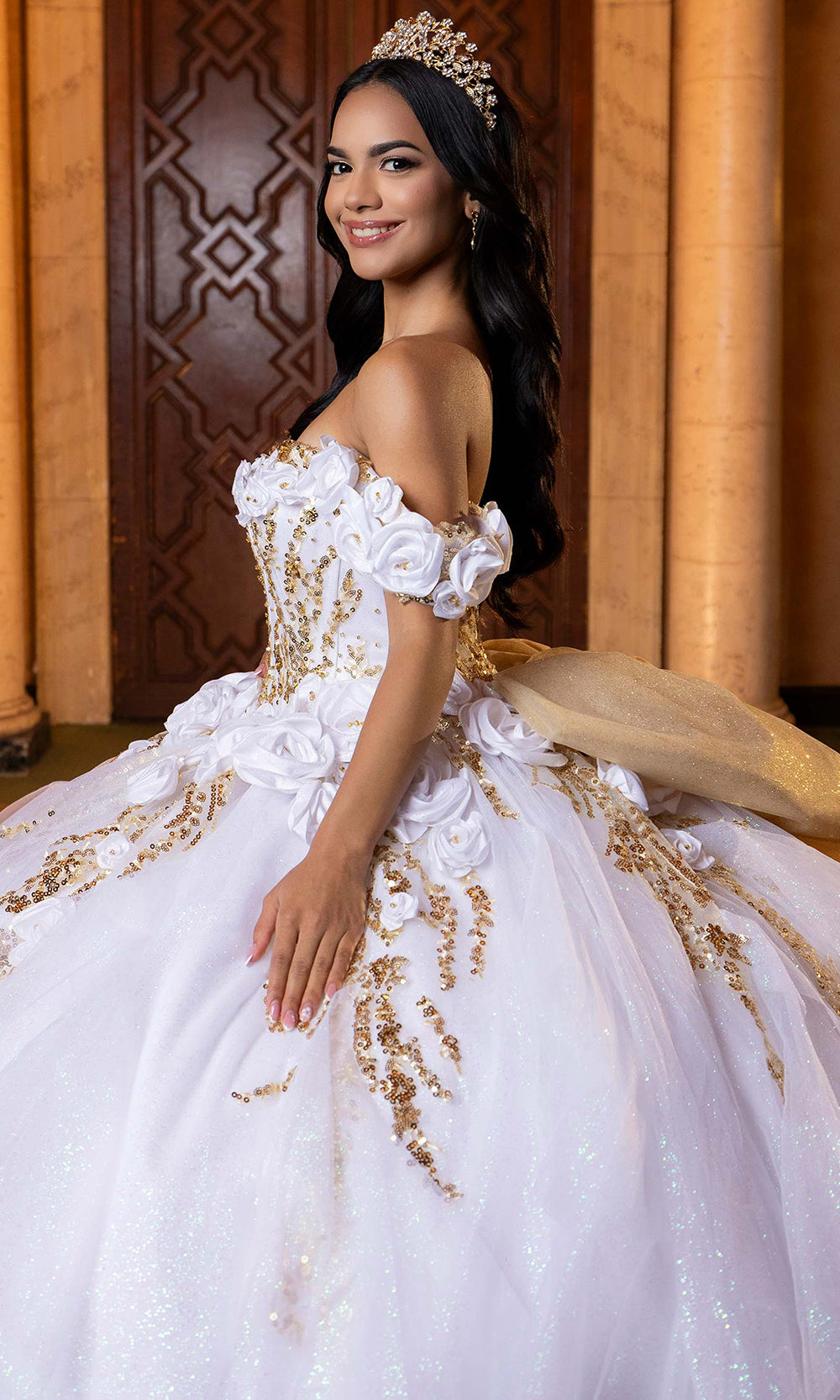 Vizcaya by Mori Lee 4080020 - Sweetheart Neck 3D Floral Accent Ballgown Quinceanera Dresses in White Gold