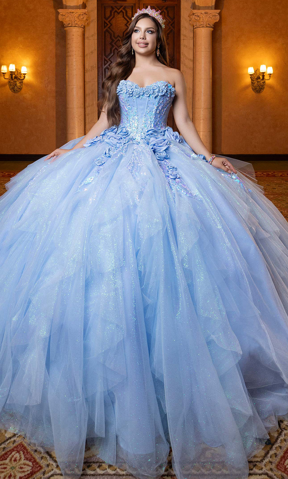 Vizcaya by Mori Lee 4080020 - Sweetheart Neck 3D Floral Accent Ballgown Quinceanera Dresses in Bahama Blue