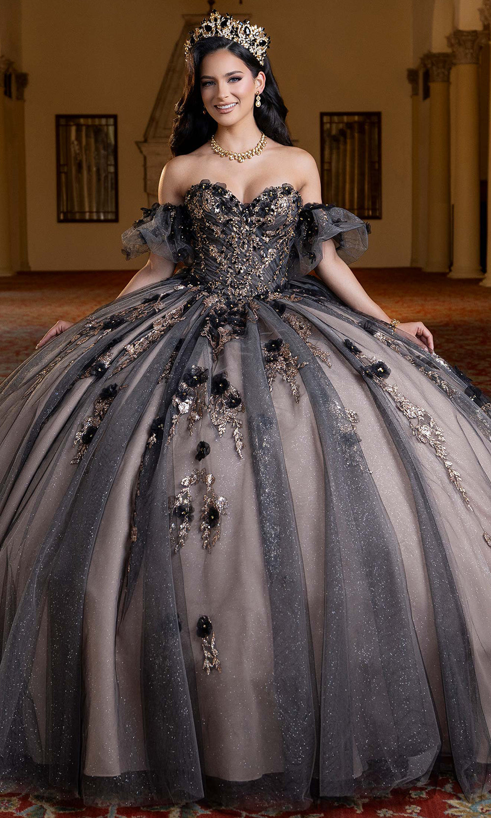 Vizcaya by Mori Lee 4080022 - Embroidered Basque Waist Tulle Gown Quinceanera Dresses in Nude Black