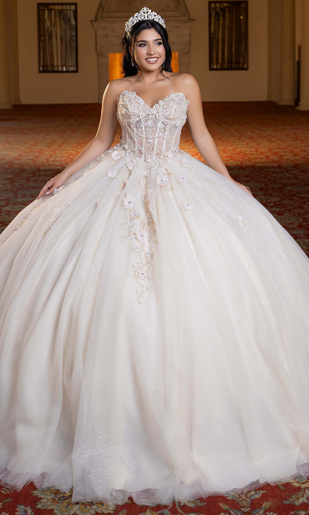 Vizcaya by Mori Lee 4080023 - Floral Embellished Sweetheart Layered Gown Quinceanera Dresses in Champagne Ivory
