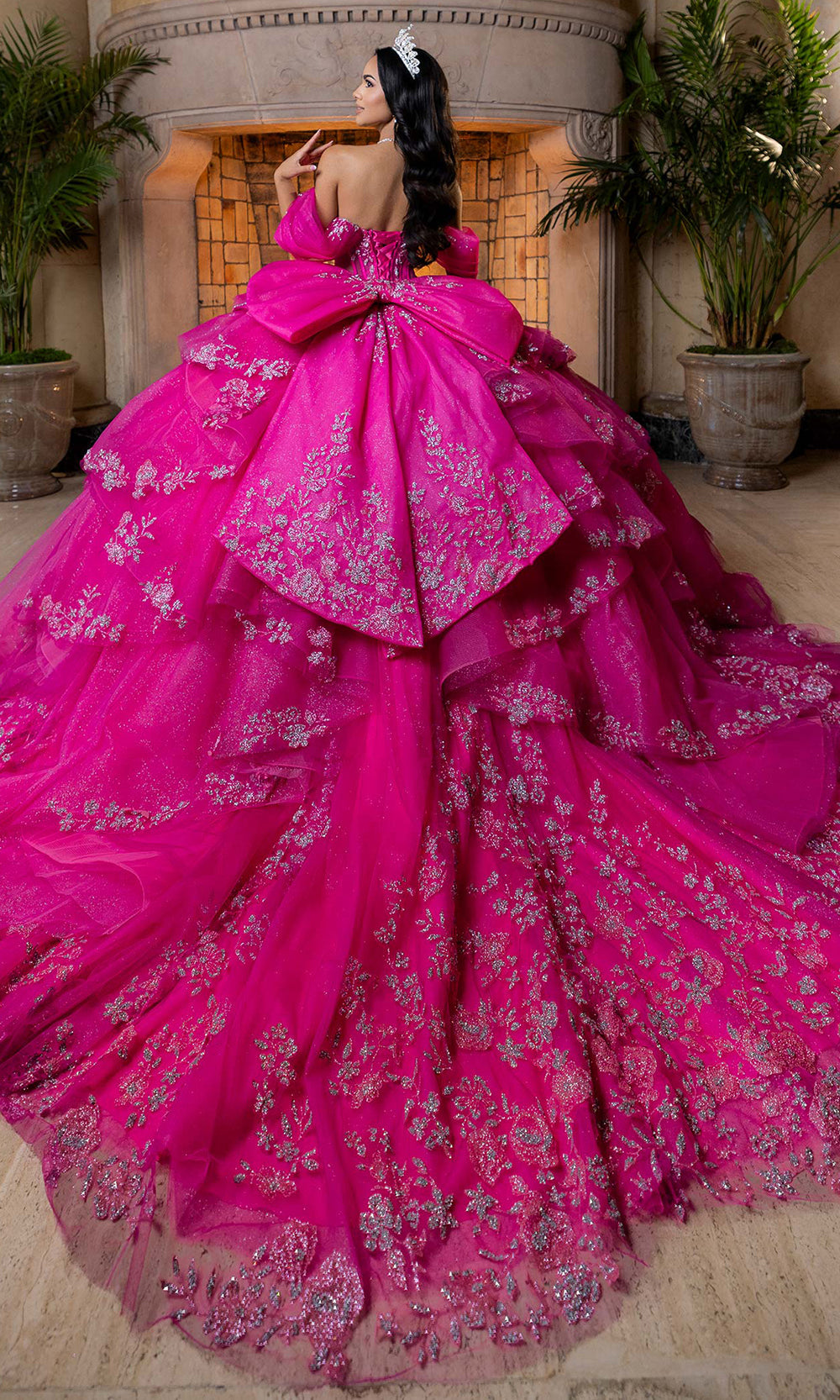 Vizcaya by Mori Lee 4080027 - Scoop Neck Glitter Embellished Ballgown Quinceanera Dresses in Fuchsia Silver