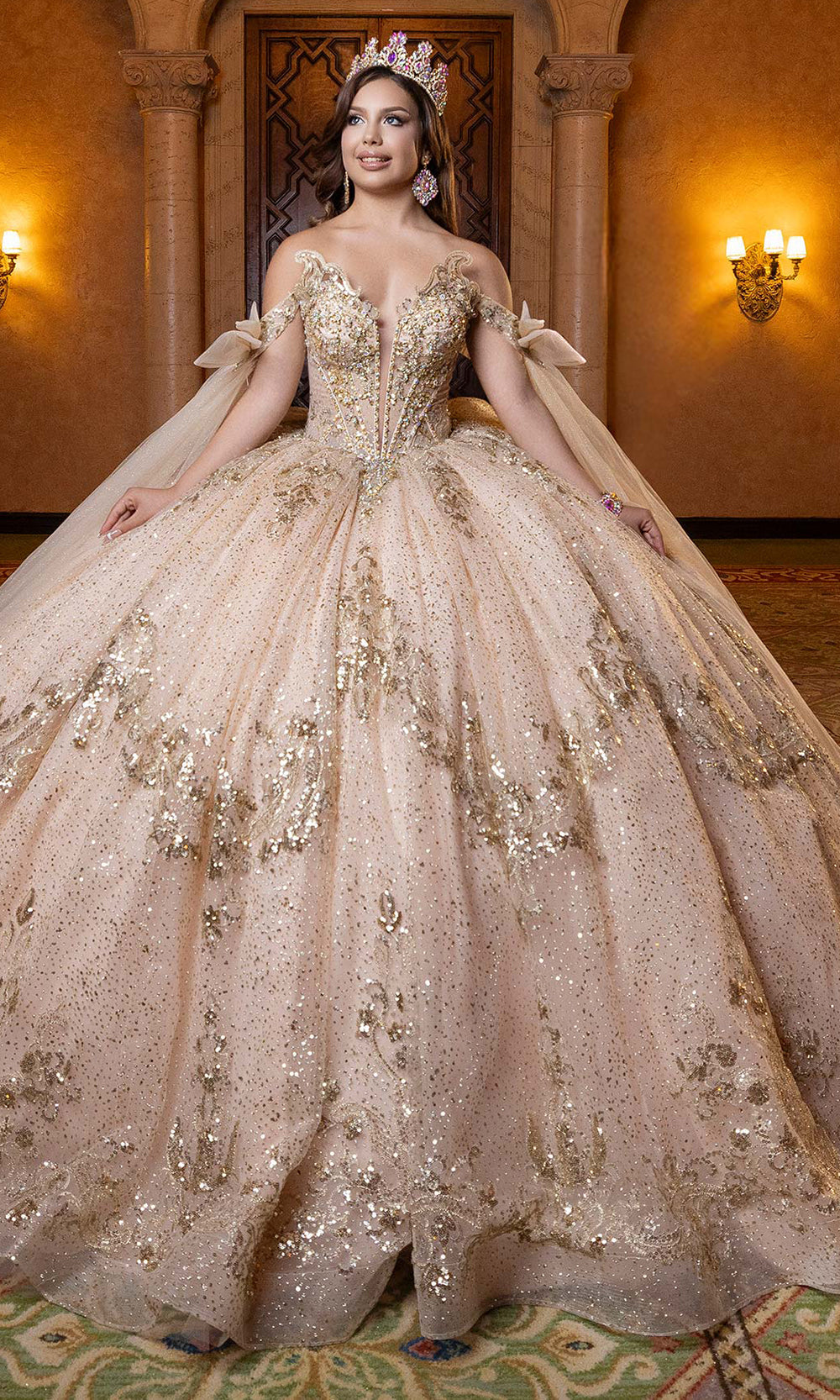 Vizcaya by Mori Lee 4080028 - Lace-Up Back Crystal Encrusted Ballgown Quinceanera Dresses in Champagne