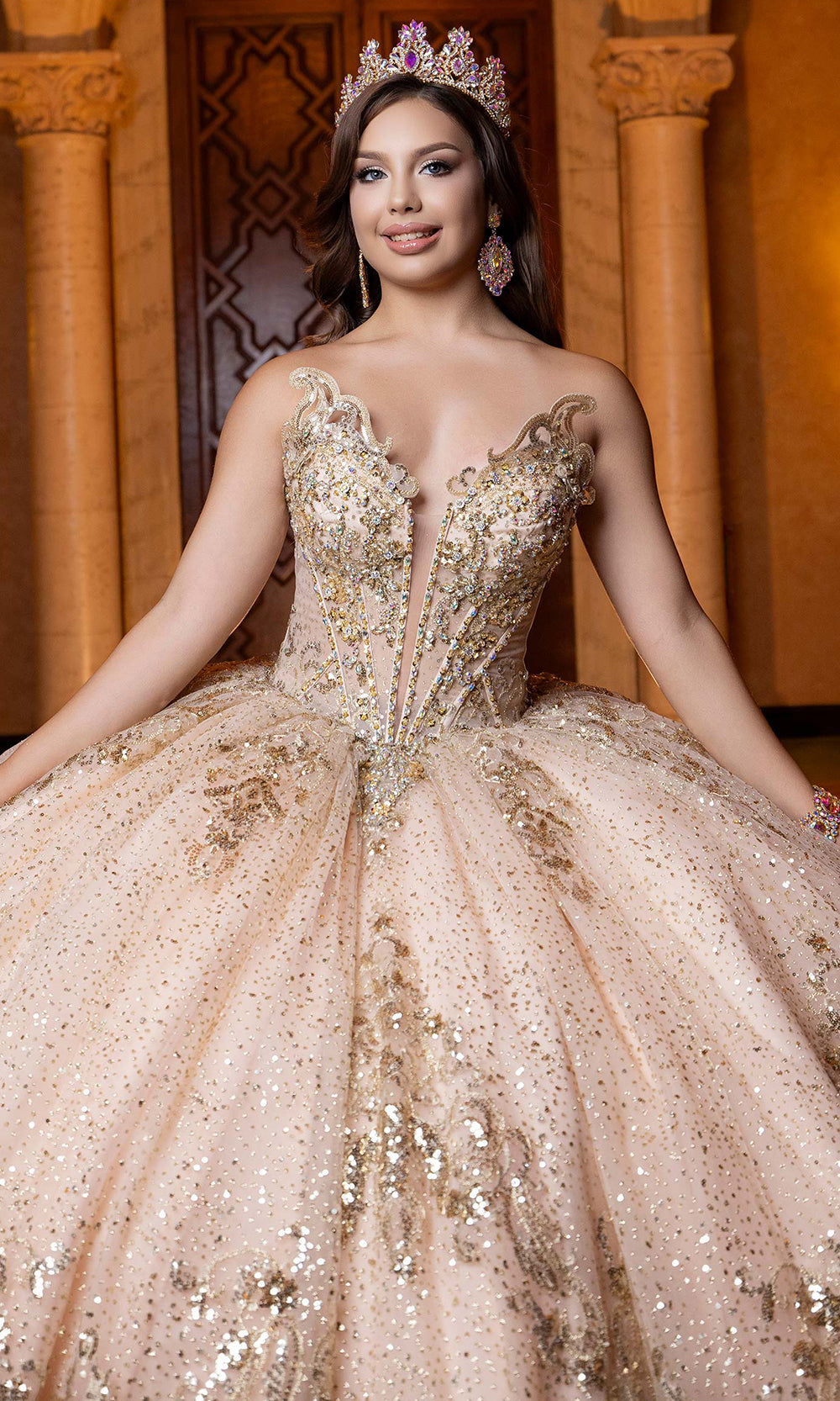 Vizcaya by Mori Lee 4080028 - Lace-Up Back Crystal Encrusted Ballgown Quinceanera Dresses in Champagne