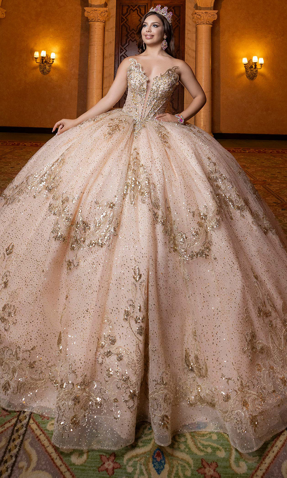 Vizcaya by Mori Lee 4080028 - Lace-Up Back Crystal Encrusted Ballgown Quinceanera Dresses in Champagne
