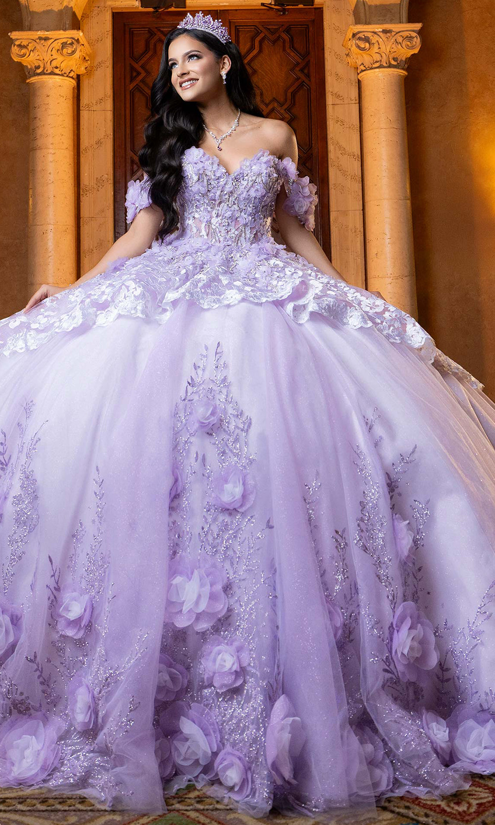 Vizcaya by Mori Lee 4080032 - Floral Embellished Lace-Up Back Ballgown Quinceanera Dresses in White Purple